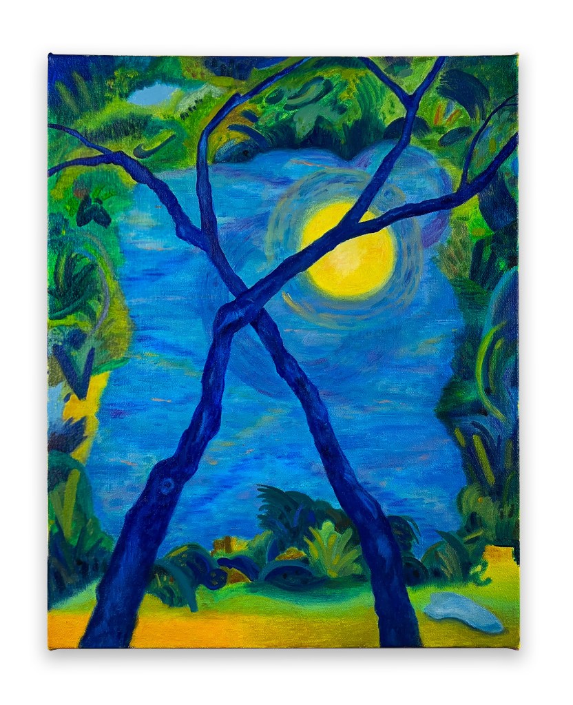 Blue and green painting trees with moon.
Title: Crossing
Oil on canvas
20" x 16"
2026
